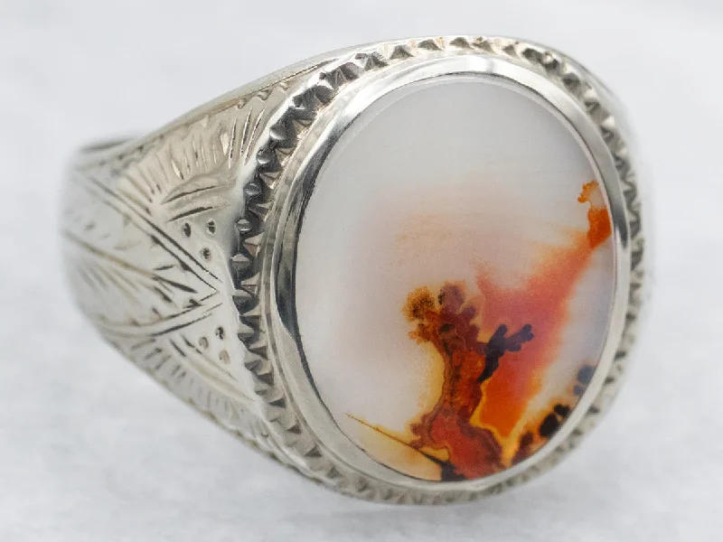 Unique wedding rings for women -Men's Antique Dendritic Agate Statement Ring