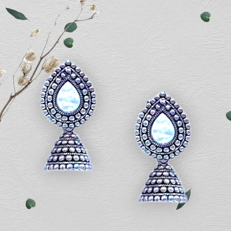 Trendy gold earrings for women -Mirror Studded Small Zumkhi Oxidised Earrings