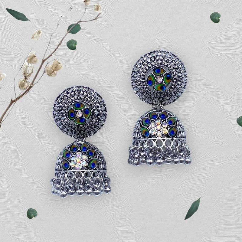 Silver earrings for women -Oxidised Zumkha  Earrings with Feather print Stone