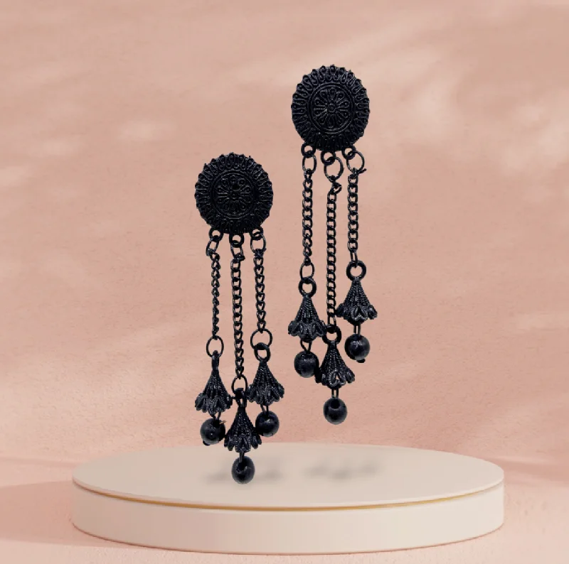 Trendy gold earrings for women -Circular Studded All Black Classy Dangling Earrings