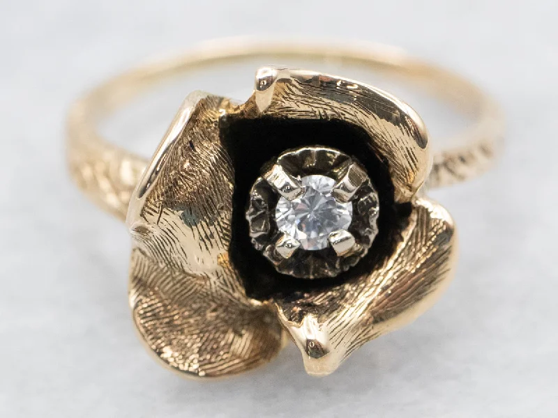 Halo engagement rings for women -Vintage Gold Diamond Flower Solitaire Ring