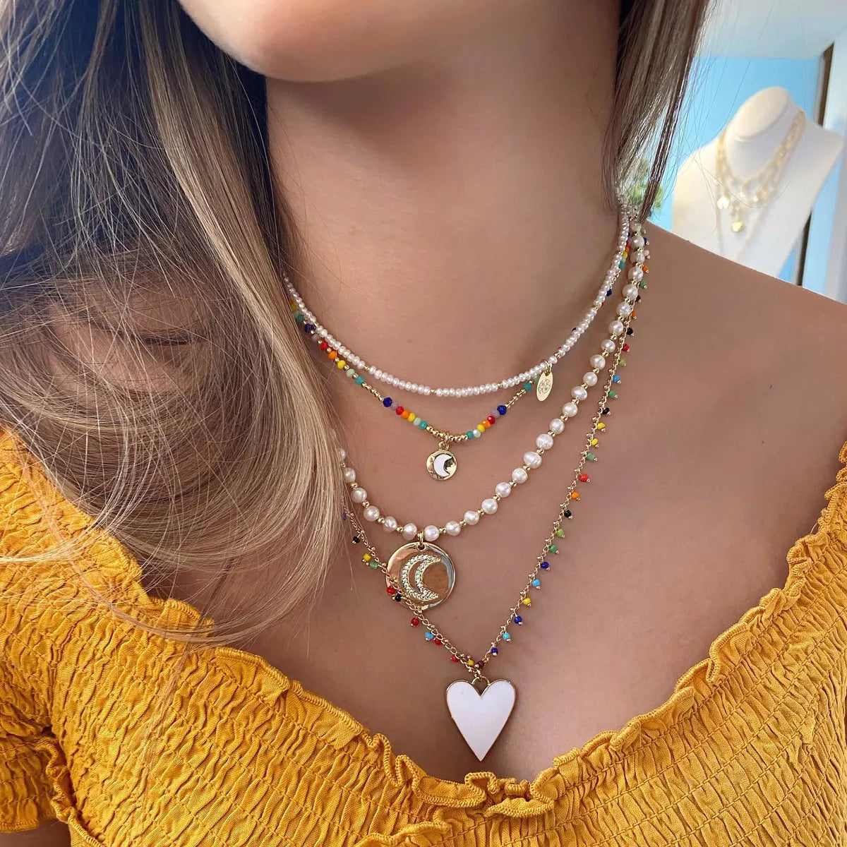 Custom-designed necklaces for women -Vacation Simple Style Moon Heart Shape Freshwater Pearl Glass Copper Beaded Plating Inlay Zircon 18k Gold Plated Necklace