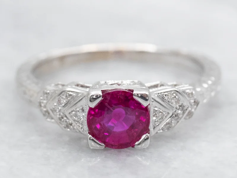 Ethereal rings for women -Art Deco Inspired Ruby and Diamond White Gold Ring