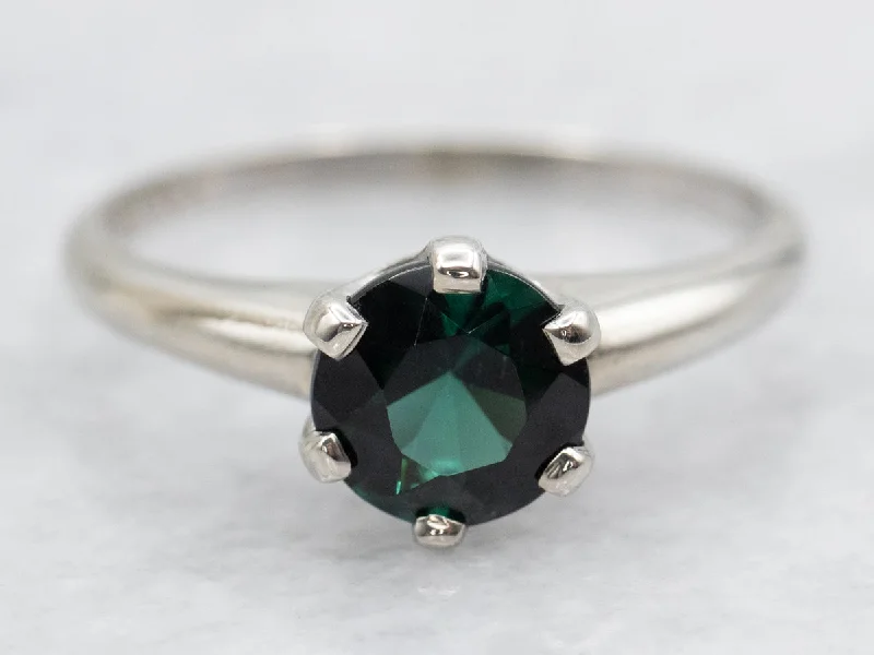 Stackable silver rings for women -Indicolite Tourmaline Solitaire Ring in White Gold