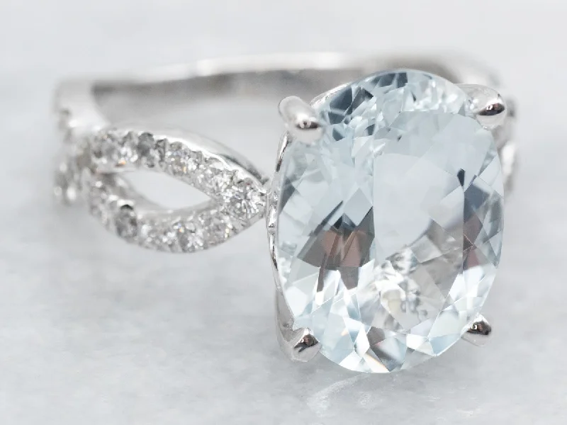 Silver solitaire rings for women -Modern Aquamarine and Looping Diamond Cocktail Ring