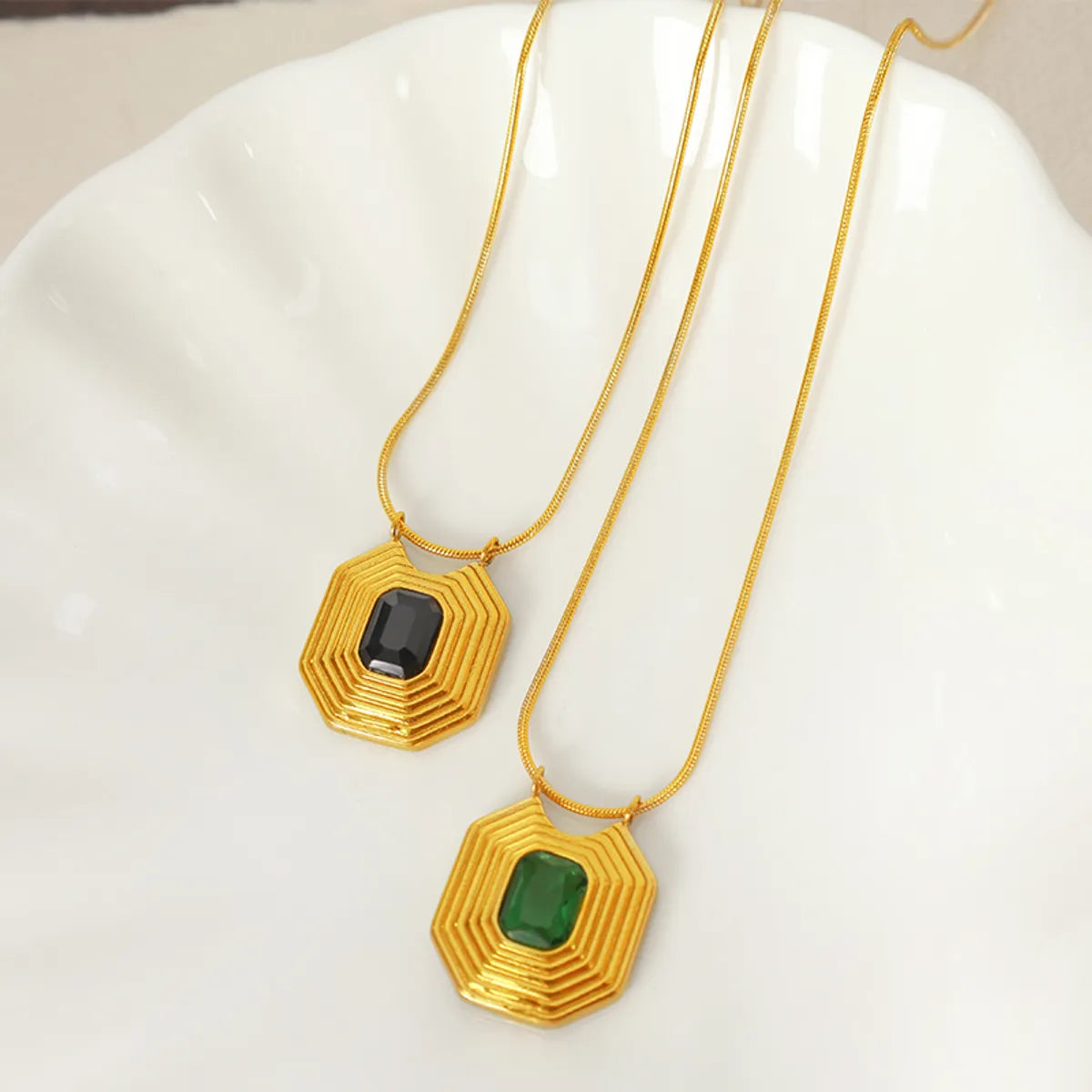 Custom birthstone necklaces for women -Vintage Style Square Stripe Titanium Steel Plating Inlay Glass Stone 18k Gold Plated Pendant Necklace