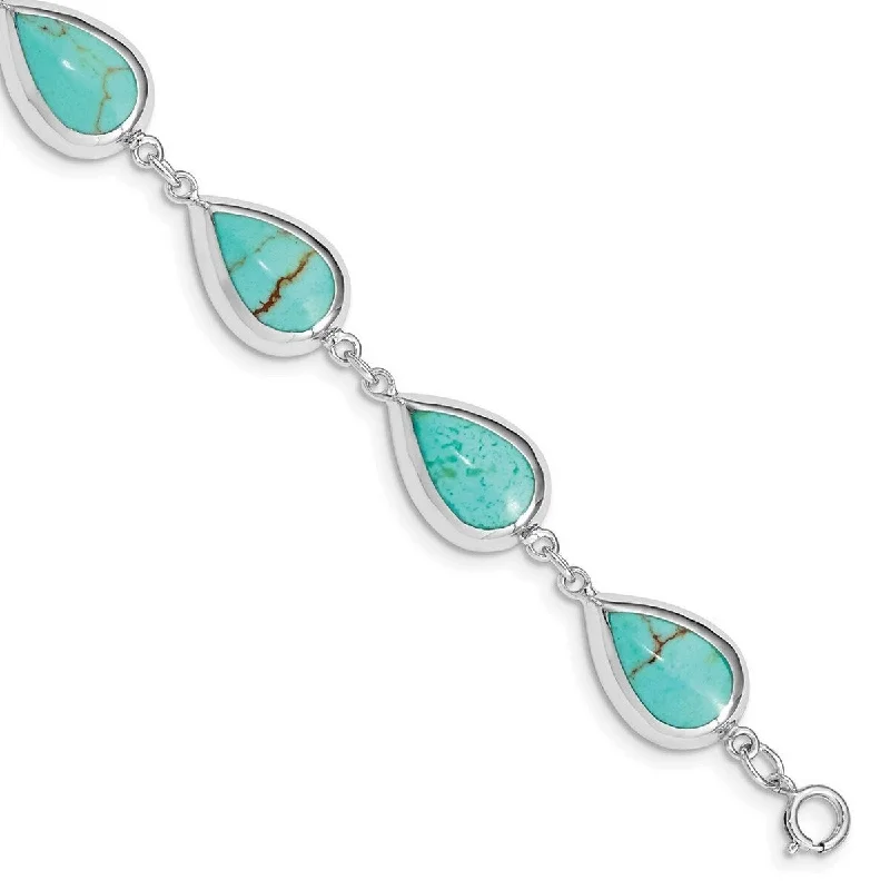 Bangle sets for women -Curata 925 Sterling Silver Spring Ring Polished Teardrop Synthetic Simulated Turquoise Bracelet 7.75 Inch