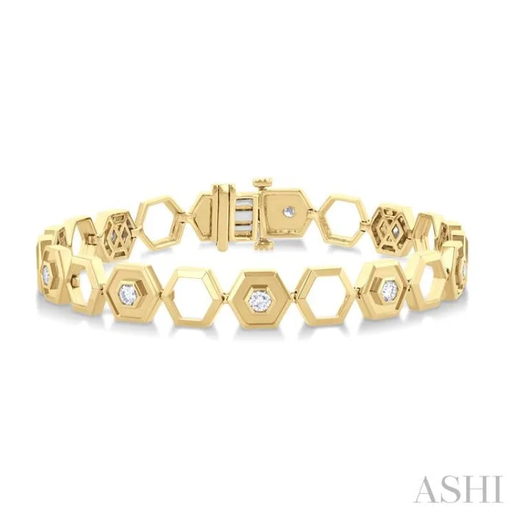 Modern bracelets for women -3/4 ctw Double & Open Window Hexagon Round Cut Diamond Fashion Bracelet in 14K Yellow Gold