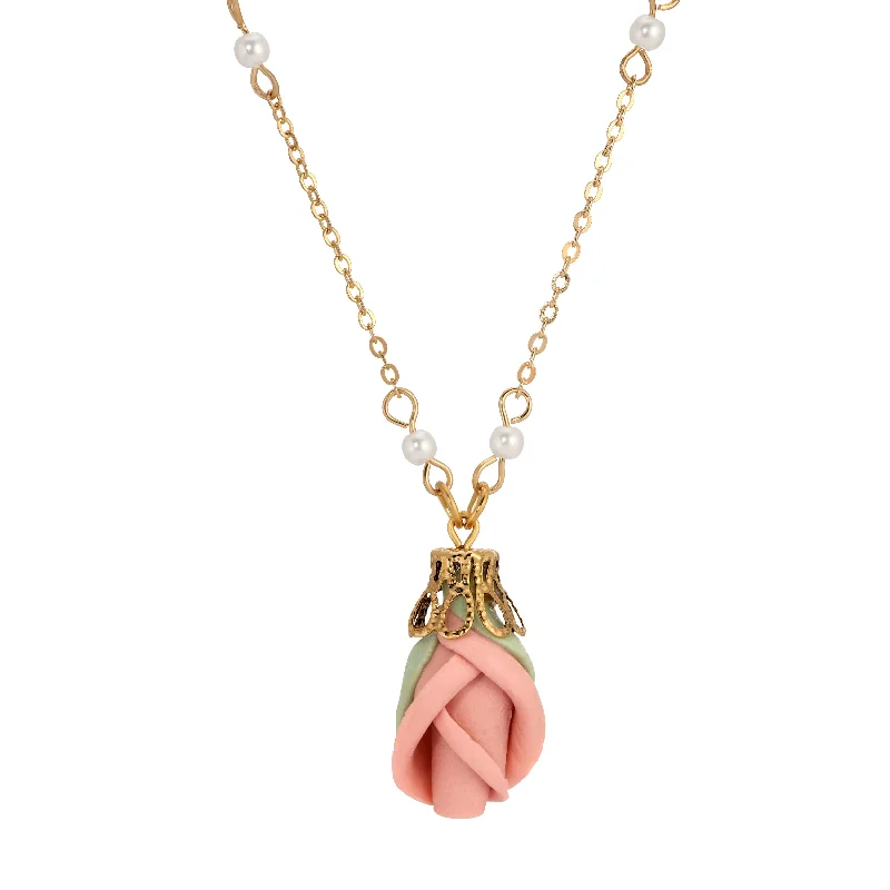 Platinum necklaces for women -1928 Jewelry Pink Porcelain Rosebud Pendant Necklace 16" + 3" Extension