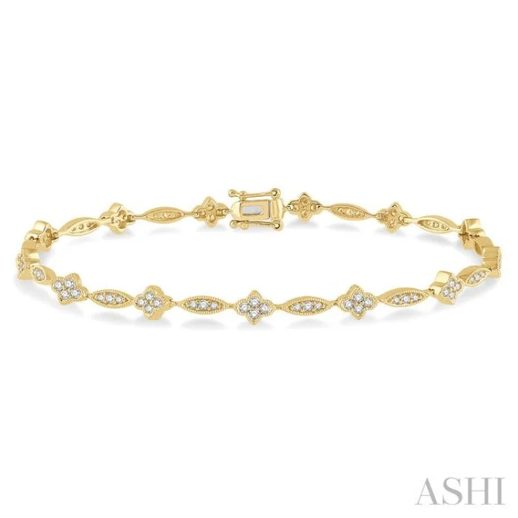 Luxury bracelets for women -1 1/10 ctw Marquise and Floral Link Diamond Bracelet in 10K Yellow Gold