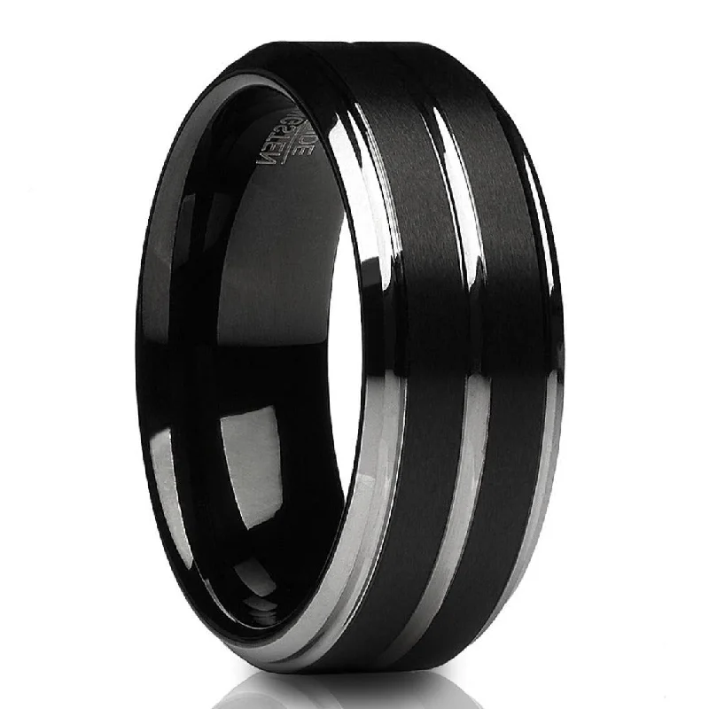 Heart-shaped diamond engagement rings for women -Black Tungsten Wedding Ring 8Mm Comfort Fit Silver Center Brush Finish