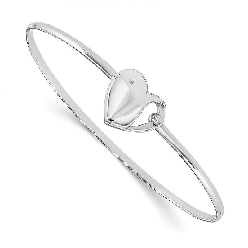 Adjustable bangle bracelets for women -Curata 925 Sterling Silver Polished Hook clasp White Ice .01ct. Diamond Love Heart Cuff Stackable Bangle Bracelet