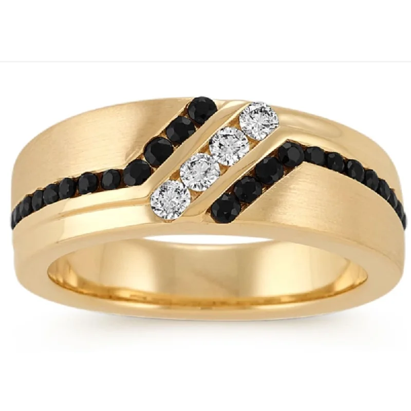 Round cut engagement rings for women -1 Ct TW Mens Black & White Diamond Wedding Band Yellow Gold Ring