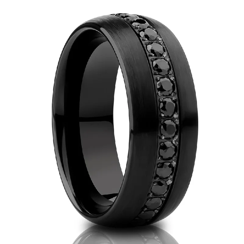 Contemporary diamond engagement rings for women -Black Tungsten Wedding Ring 8Mm Comfort Fit Cz Carbide Mens Band Sizes 715