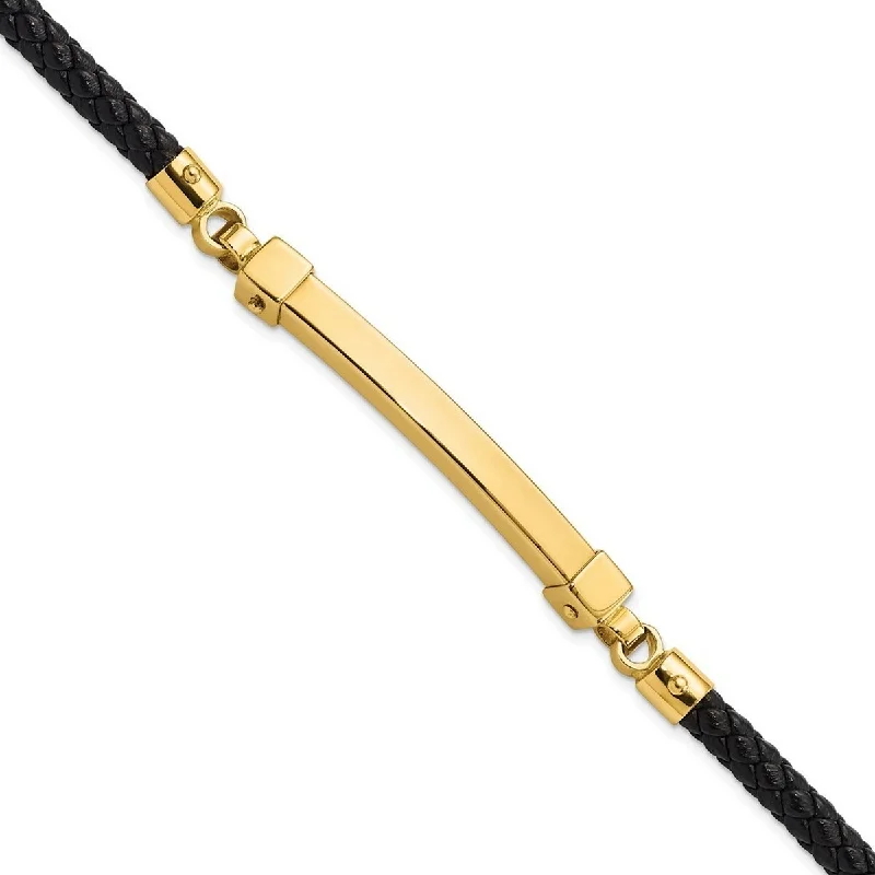 Personalized silver bracelets for women -Curata 14k Polished Bar Leather Gold Bracelet 8 Inch