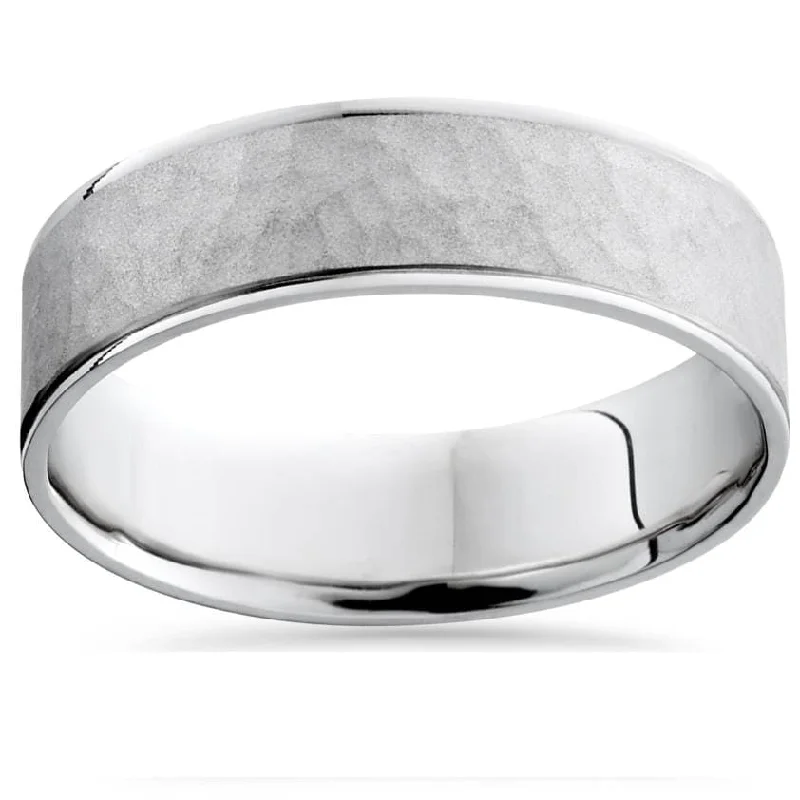 Wedding engagement rings for women -Mens 14K White Gold Flat Hammered Wedding Ring Band