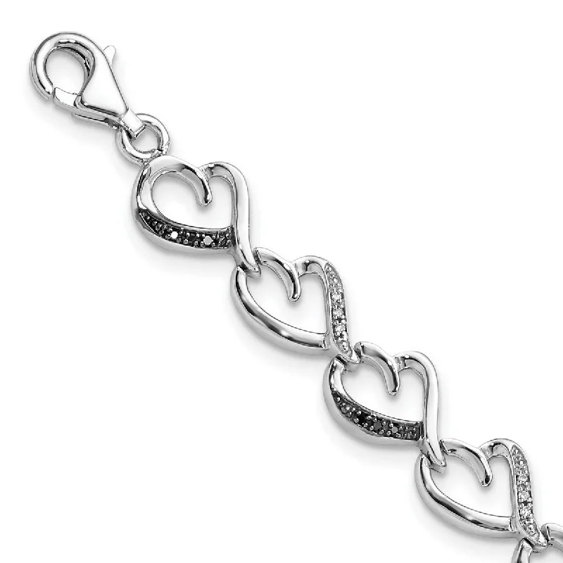 Adjustable bracelets for women -Curata 925 Sterling Silver Fancy Lobster Closure Black and White Diamond Bracelet