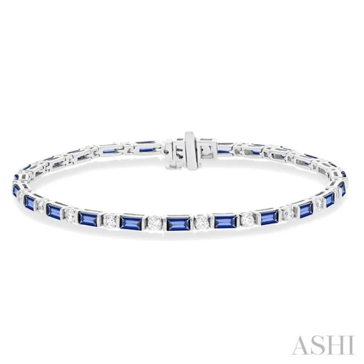 Stackable bracelets for women -1 1/10 ctw Art Deco 4X2MM Baguette Cut Sapphire and Round Cut Diamond Precious Tennis Bracelet in 14K White Gold