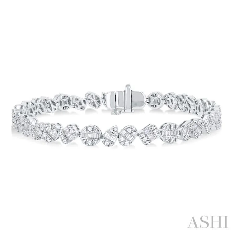 Elegant bracelets for women -2 3/4 ctw Mixed Shape Fusion Baguette and Round Cut Diamond Bracelet in 14K White Gold