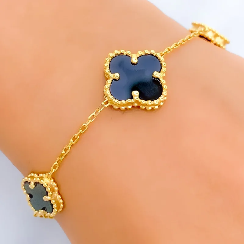 Simple cuff bracelets for women -Magnificent Black Onyx 21k Gold Clover Bracelet