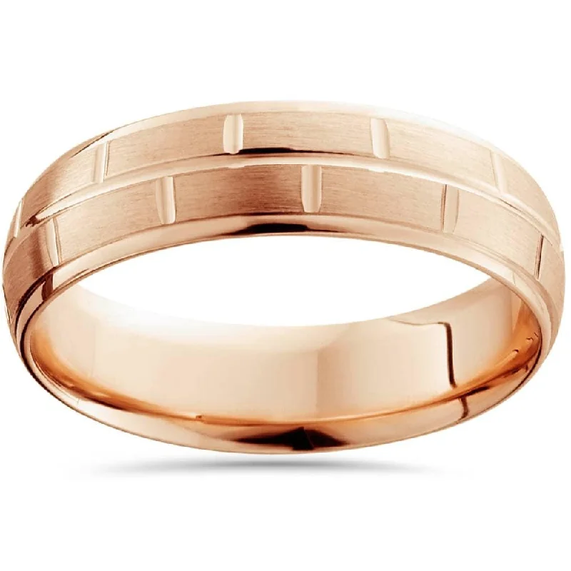 Simple gold engagement rings for women -6mm 14K Rose Gold Hand Carved Brushed Wedding Band