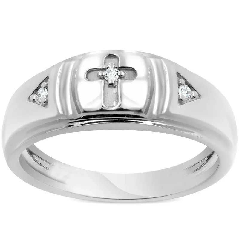 Custom round cut engagement rings for women -Pompeii3 10k White Gold Diamond Cross Ring Mens Wedding Band