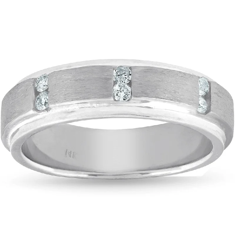 Engagement rings with diamond bands for women -Pompeii3 14k White Gold 1/8 Ct TDW Diamodn Mens Brushed Wedding Ring