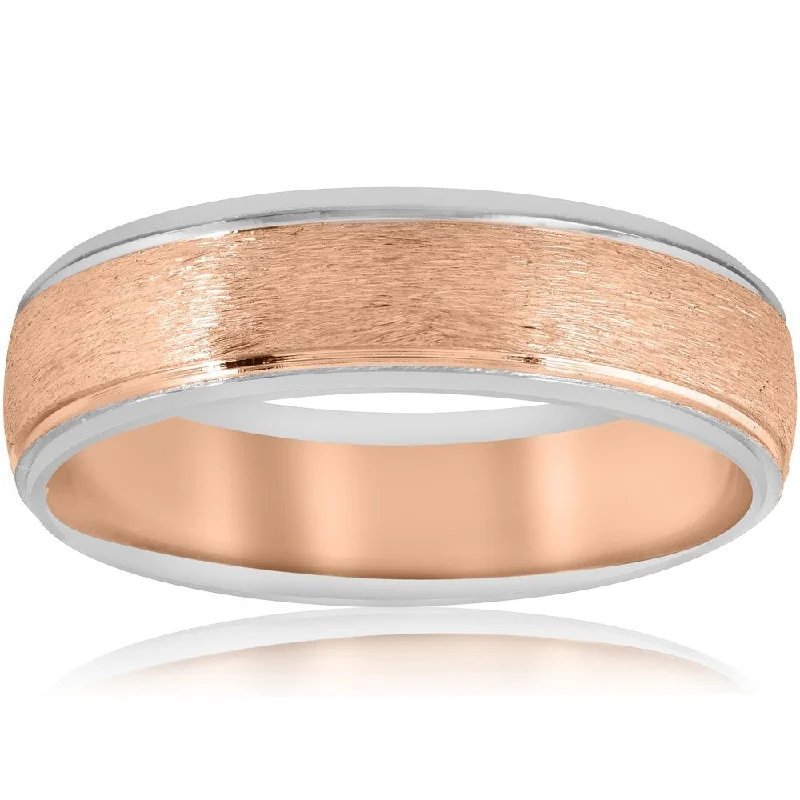 Gemstone engagement rings for women -Pompeii3 14k White & Rose Gold Two Tone Brushed Mens 6mm Wedding Ring Band