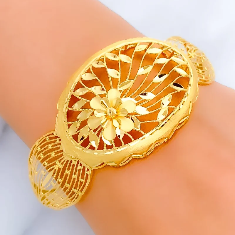 Designer bracelets for women -Ritzy Striped Oval 22k Gold Bangle Bracelet