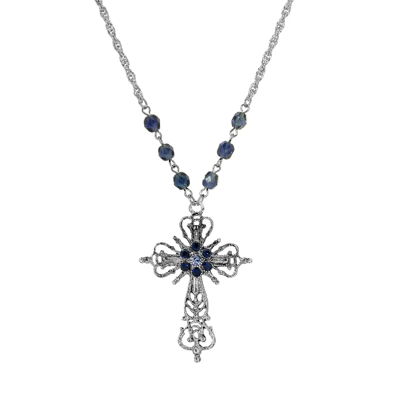 Chunky statement necklaces for women -Symbols Of Faith Sapphire Blue Crystal Filigree Cross Pendant Necklace 20"