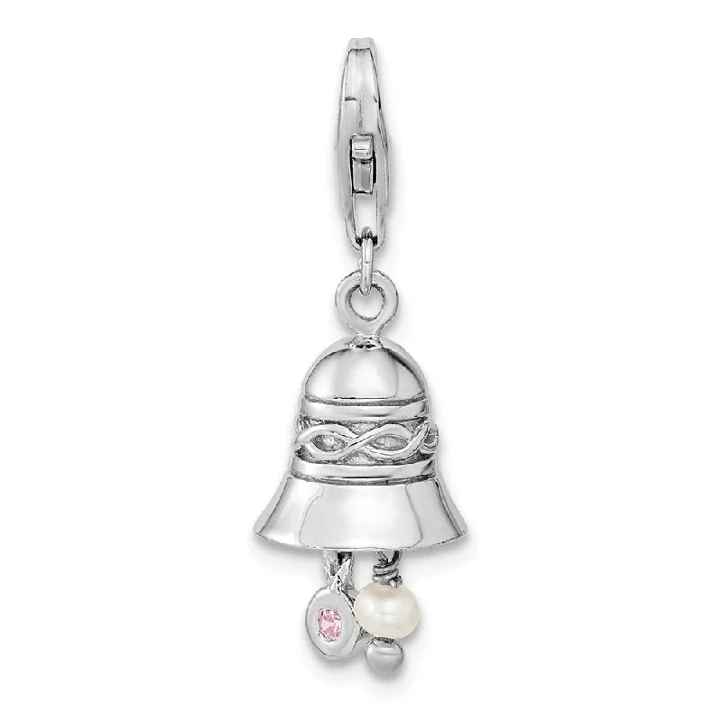 Diamond2Deal 925 Sterling Silver Wedding Bell with Cubic Zirconia and Freshwater Cultured Pearl Pendant (L- 18 mm, W- 9 mm)