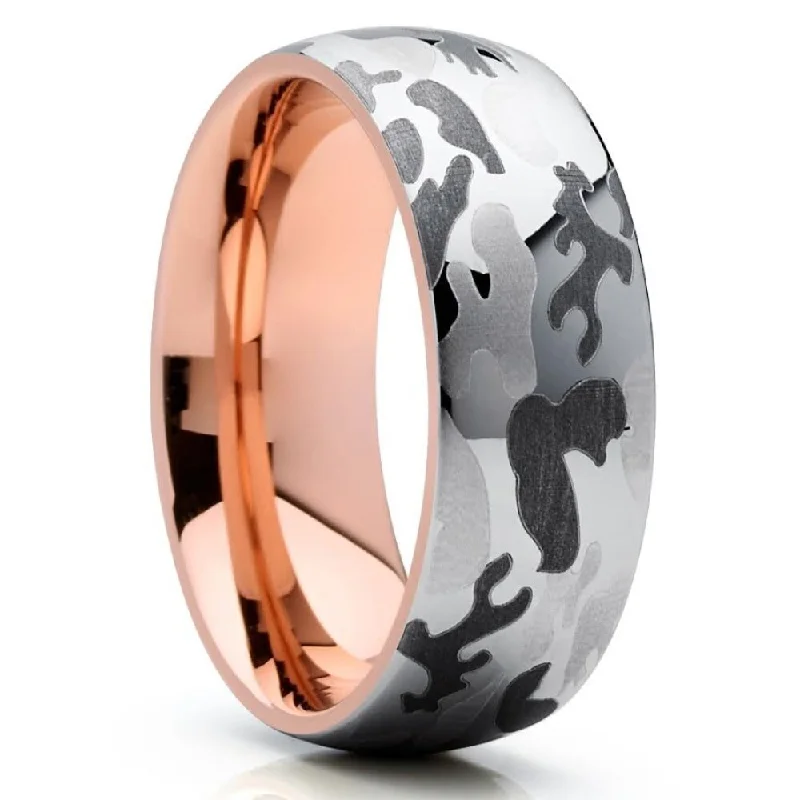 Engagement rings with diamonds for women -Camouflage Tungsten Carbide Ring 8Mm Rose Gold Comfort Fit Wedding Band