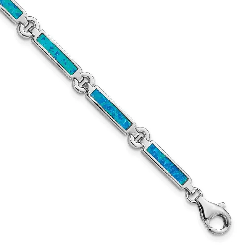 Fashion charm bracelets for women -Curata 5.39mm 925 Sterling Silver Rhodium Plated Simulated Opal Bars Bracelet