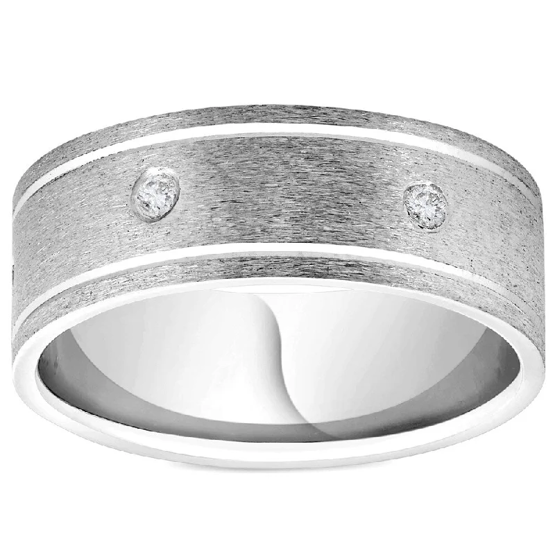 Engagement rings with multi-stone designs for women -Pompeii3 950 Platinum 8MM Flat Brushed Diamond Mens Comfort Fit Wedding Band Ring - White