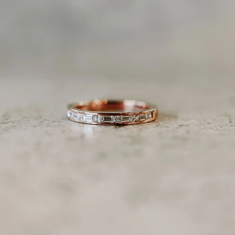 Affordable platinum engagement rings for women -Channel-Set Diamond 14K Rose Gold Wedding Band