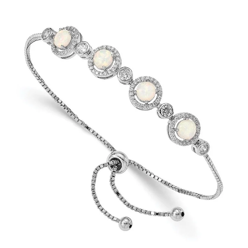 Modern bangles for women -Curata 925 Sterling Silver Rhodium Plated Simulated Opal and Cubic Zirconia Halo Adjustable Bracelet