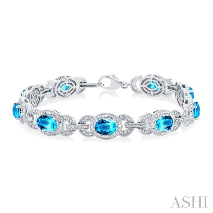 Adjustable bangle bracelets for women -1/10 ctw Oval Cut 7x5MM Blue Topaz and Round Cut Diamond Semi Precious Bracelet in Sterling Silver