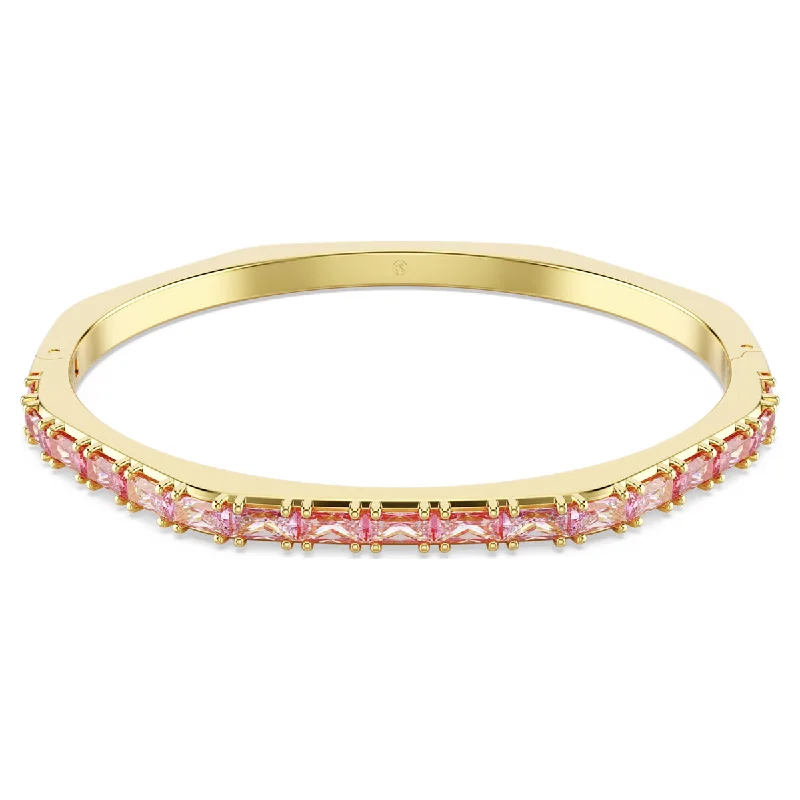 Classic bangles for women -Swarovski Matrix Pink Crystal Bangle Bracelet in Yellow Tone Plate