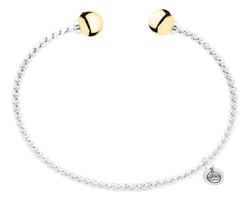 Modern bracelets for women -Genuine Sterling Silver Cape Cod Twist Cuff Bracelet with Polished 14k Yellow Gold End Beads