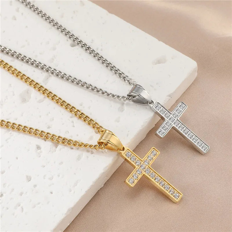 Custom birthstone necklaces for women -Casual Simple Style Cross Stainless Steel Plating Inlay Zircon Gold Plated Men'S Pendant Necklace