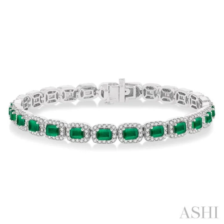 Adjustable bracelets for women -2 1/5 ctw 4X3MM Emerald and Round Cut Diamond Halo Precious Tennis Bracelet in 14K White Gold