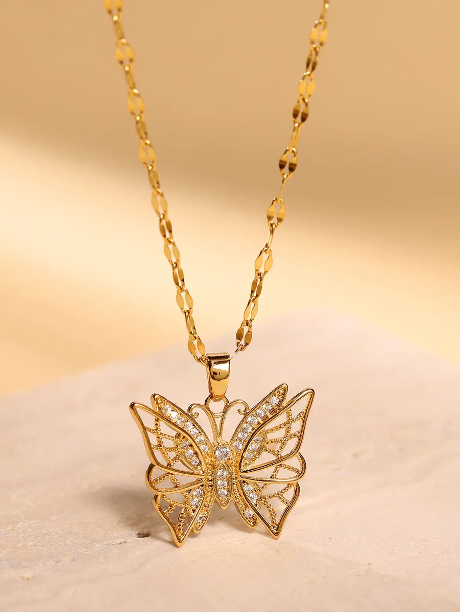 Adjustable pendant necklaces for women -Elegant Butterfly Stainless Steel Zircon 18k Gold Plated Pendant Necklace