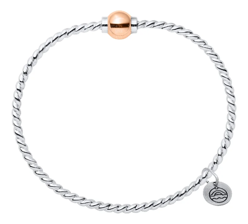 Statement bracelets for women -Genuine Sterling Silver Cape Cod Twist Bracelet with Polished 14k Rose Gold Bead