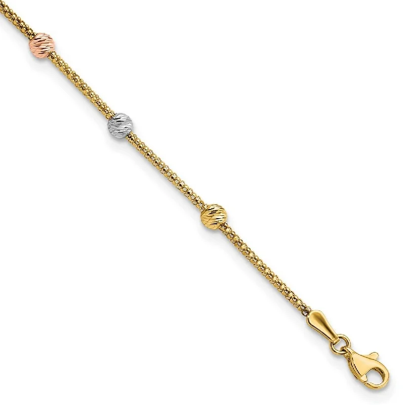 Bold bracelets for women -Curata 14k Tri color Gold Sparkle Cut 7 station Bead and Chain Bracelet 7.25 Inch