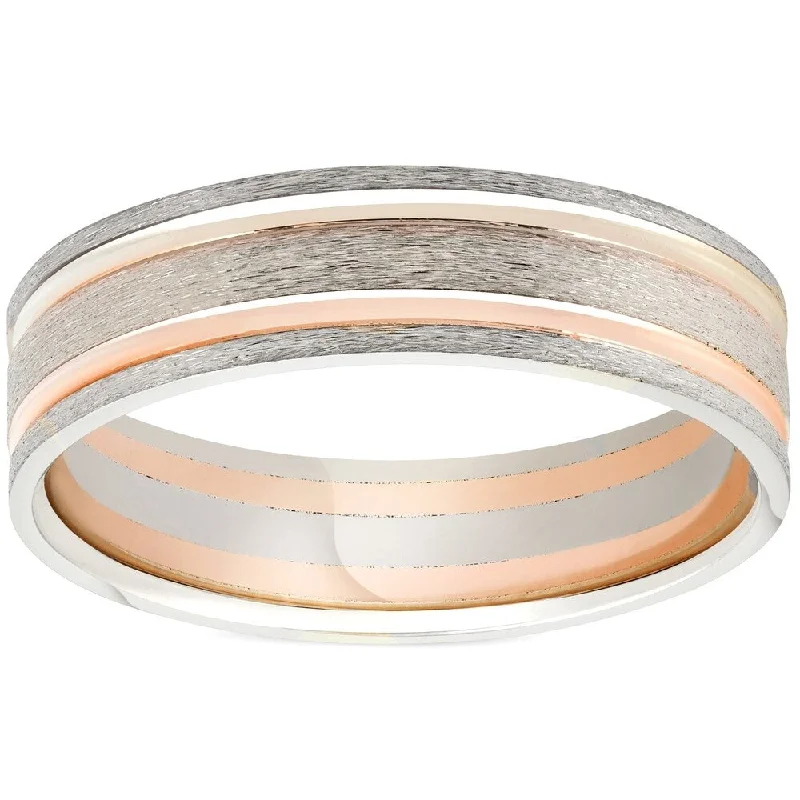 Wedding engagement rings for women -Pompeii3 14k White & Rose Gold 6MM Flat Brushed Two Tone Comfot Fit Mens Wedding Band