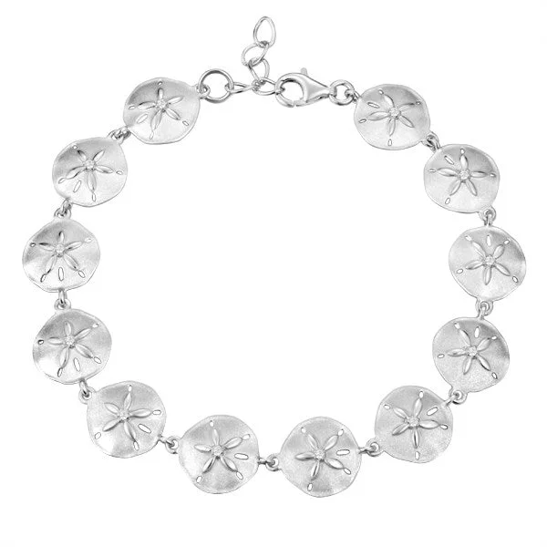 Simple bangles for women -Life@Sea Genuine Sterling Silver Sandblasted & Polished Sand Dollar Bracelet with Cubic Zirconia Center