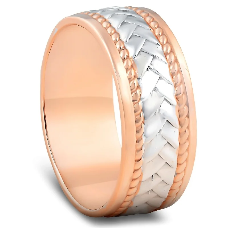 Unique engagement rings with gemstones for women -Pompeii3 14k Rose & White Gold Two Tone Braided 8.5mm Wide Wedding Band Ring