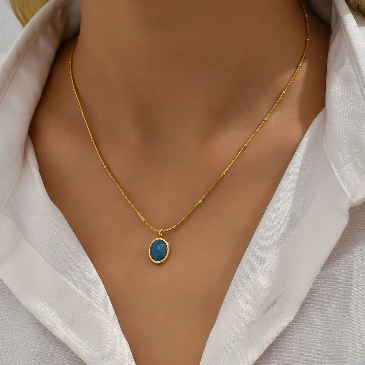 Choker necklaces for women -Elegant Retro Geometric Round Dots Oval Titanium Steel Plating Inlay Artificial Gemstones 18k Gold Plated Pendant Necklace