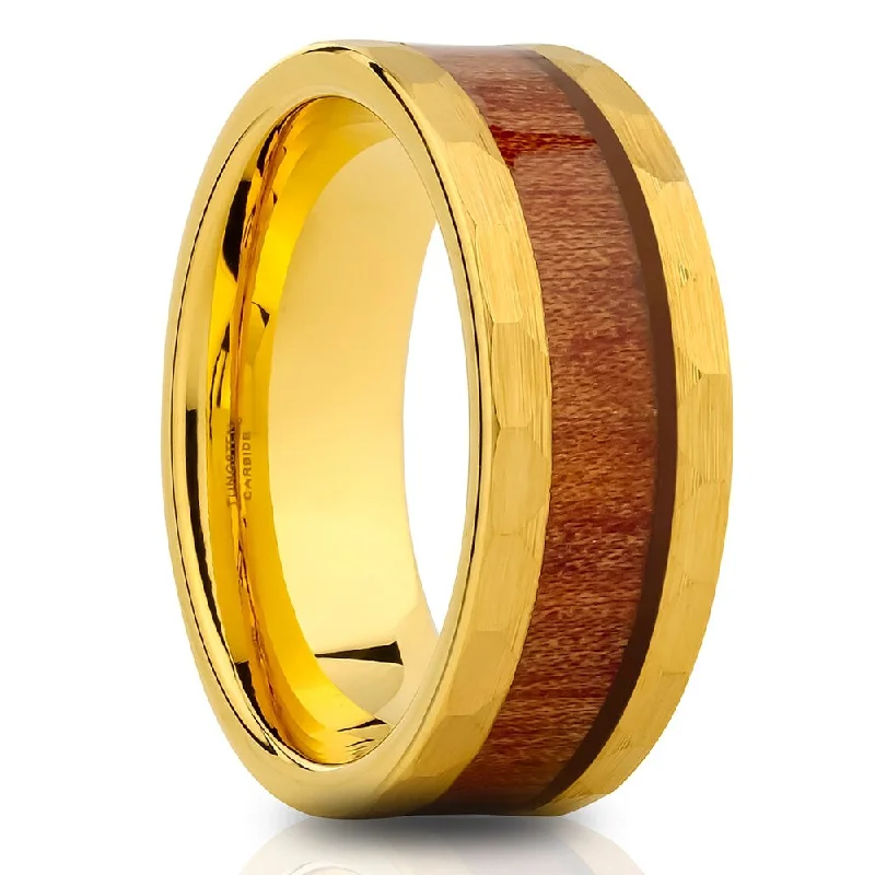 Custom sapphire engagement rings for women -Koa Wood Tungsten Carbide Wedding Ring 8Mm Comfort Fit Yellow Gold Inlay Size 715 - Silver