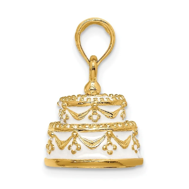 Diamond2Deal 14K Yellow Gold Polished Enameled JUST MARRIED 3-D Wedding Cake Pendant (L- 20 mm, W- 12.57 mm)